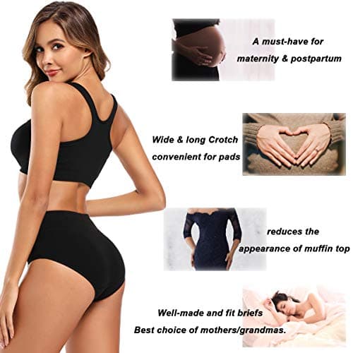 Molasus Women's Soft Cotton Underwear Briefs High Waisted Postpartum Panties Ladies Full Coverage Plus Size Underpants Black,Medium — view 3