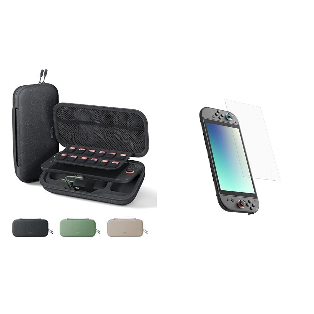 Belkin Gaming Charger Case (Charcoal) w/ 10,000mAh Power Bank + Anti-Reflective TemperedGlass Screen Protector Bundle for Nintendo Switch 2 - Travel Essentials w/AirTag Holder, Game Storage & More