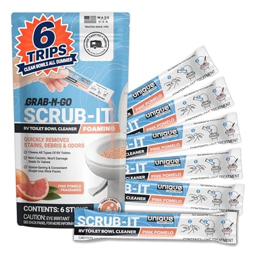 Unique Scrub-It Foaming RV Toilet Cleaner - Pink Pomelo Scent, 6 Count Stick Packs, Premeasured, No-Mess, Grab-N-Go Powder Removes Stains from RV Toilet Bowls, Helps Lubricate Valves and Seals