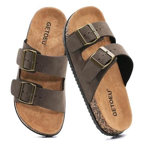 GETOEU Arch Support Footbed Sandals for Women & Men, Adjustable Double Buckle Comfort Sandals, Cork-Style Cushioned Sole, Casual Walking Slides for Everyday Wear,Brown — view 5