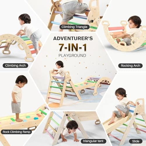 BlueWood Pikler Triangle Set with Safe Handle, Foldable 7-in-1 Montessori Toddler Climbing Toys Indoor, Wooden Pickler Climbing Set, Baby Jungle Gym & Playground, Climbing Toys for 1-3 Year, Rainbow — view 4