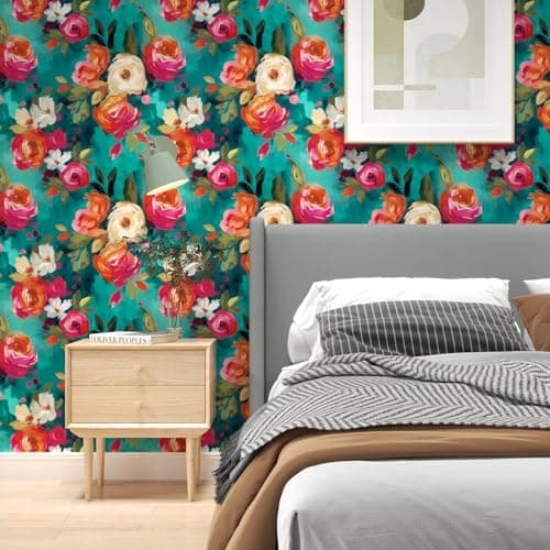 BOKEBEVE Floral Wallpaper Peel and Stick Boho Teal Blue 17.5 x 393.5In — view 3
