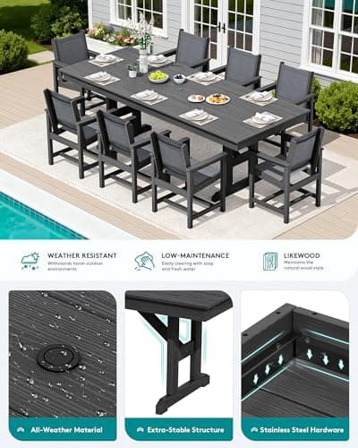 SERWALL 9 Piece 84" HDPE Outdoor Dining Set for 8 with Textilene Chairs and Umbrella Hole, Black/Gray — view 3