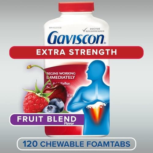 Gaviscon Extra Strength Tablets - 120 Count - Chewable Foaming Antacid Tablets for Day and Night Heartburn Relief, Acid Reflux and GERD Relief, Fruit Blend - Free of Aluminum, Lactose and Gluten