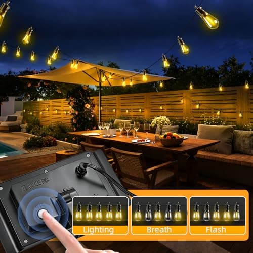 FUANXIEI Solar Lights Outdoor Patio Lights: S14 15M 50FT Solar Powered Remote Control 3 Light Modes Dimmable Solar Waterproof Light - Shatterproof Bulbs - Camping Backyard Garden Deck Outside Yard — view 2