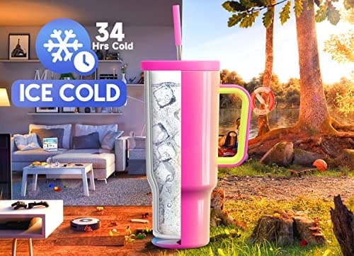 Meoky 40 oz Tumbler with Straw and Lid: 100% Leakproof Insulated Tumbler with Handle - Stainless Steel Water Bottle with Straw for Car Road Trips - Travelers Drivers Workers, Carnival