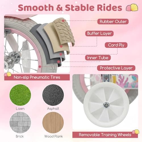 BABY JOY Kids Bike, 12" 14" 16" 18" Mermaid Girls Bike for 3-8 Years Old w/Basket, Training Wheels, Hand & Coaster Brakes, Adjustable Seat & Handlebar, Children Bicycle (Pink,12") — view 5
