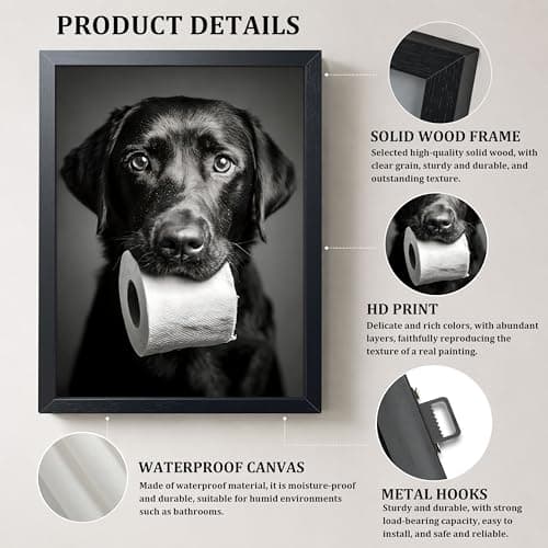 Black and White Bathroom Wall Art, Funny Labrador Dog Canvas Prints Poster, Cute Dog Chewing Toilet Paper Wall Decor, Modern Farmhouse Restroom Bathroom Home 8x10 Inch Framed — view 3