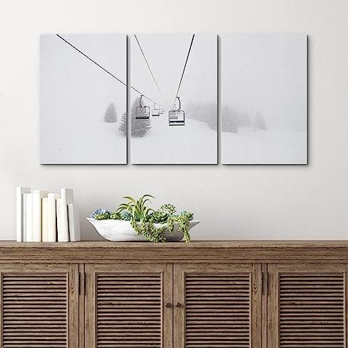 wall26 Canvas Print Wall Art Set Ski Lift on Snowy Winter Mountain Nature Wilderness Photography Realism Rustic Scenic Relax/Calm Multicolor for Living Room, Bedroom, Office - 16"x24"x3 Panels — view 3