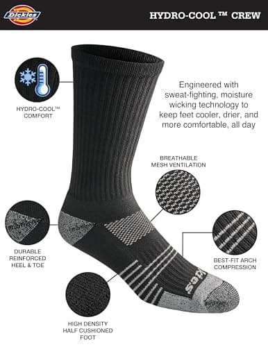 Dickies Men's HYDRO-COOL Moisture Control Crew Socks, (6 Pairs), Black (6 Pairs), Large — view 2