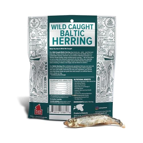 Plato Pet Treats Fish Dog Treats - Air-Dried, Single Ingredient Pet Treat - Omega 3 & 6 Fatty Acids to Support Skin and Coat - 100% Whole Fish - Wild Caught Baltic Herring - 3oz - 2 Pack