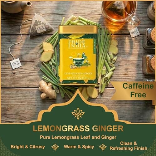 Pride of India | Lemongrass Ginger Zesty Fresh Tea | 15 Pyramid Full Leaf Individually Wrapped Tea Bags | 100% Herbal Blend from Single Origin | Tangy & Spicy Flavor | Caffeine-Free — view 2