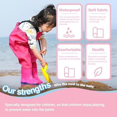 VicBre Kids Chest Waders with Non-Slip Boots, Attached System with Waterproof Trousers, Waders for Boys and Girls, Pink, 4 Little Kid — view 2