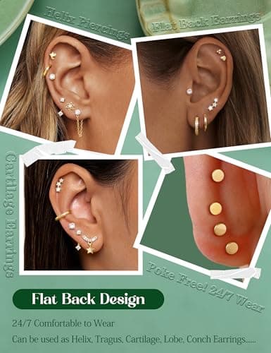 Hypoallergenic Flat Back Earrings 14K Gold Plated Cartilage Earring Stacks for Sensitive Ears Surgical Steel Small Huggie Hoops Flatback Stud Earrings Set for Multiple Piercing Jewelry 14k Gold Plated — view 4