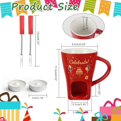 HANEVEAR Chocolate Fondue Mug, Mini Personal Chocolate Melting Mug with 2 Forks and 2 Tealights, Ceramic Fondue Cup for Cheese, Butter - Birthday Gift, Date Night & Wedding Celebrations (Red) — view 3