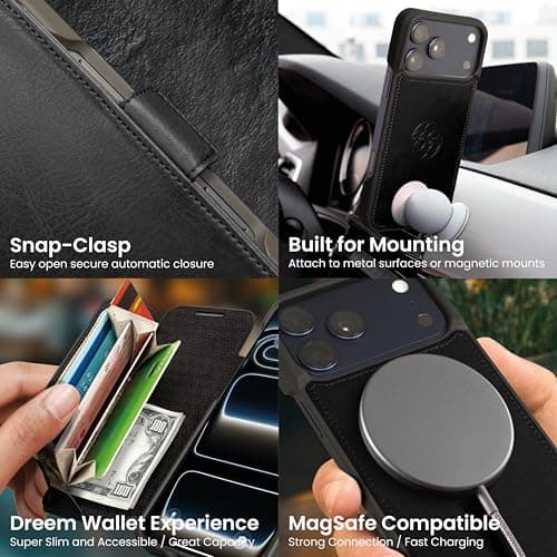Dreem Wallet Case for iPhone 17 Pro Max, Revolutionary Vert/Hor Phone Stand, Magnetic Detachable Vegan Leather Flip Cover RFID Blocking Card Holder, MagSafe-Fit, Gift Box [Fibonacci: Black] — view 4