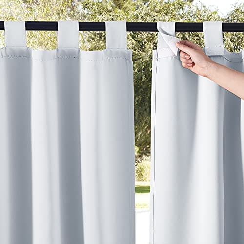 NICETOWN Outdoor Curtains for Patio,Waterproof Detachable Sticky Tab Top Thermal Insulated Blackout Outdoor Drapes for Deck/Gazebo,Set of 2,W52 x L96,Greyish White