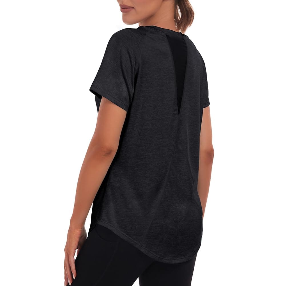 Jlowesun Camisetas deportivas de gimnasio de manga corta para mujer, con malla en la espalda y ajuste holgado, de secado rápido que absorben la humedad — view 4