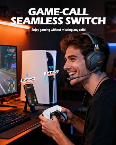 NUBWO Wireless Gaming Headset with Mic for Ps5 Ps4 PC, Zero Interference, 100-Hour Battery All-Day Play, 23ms Sync​ for Fortnite & Call of Duty/FPS Gamers, Triple Mode All Devices Compatible - Orange — view 2