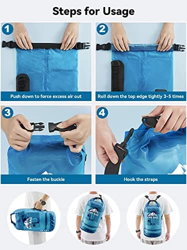 HEETA Dry Bag Waterproof for Women Men, Roll Top Lightweight Dry Storage Bag Backpack with Phone Case for Travel Swimming Boating Kayaking Paddle Board Camping Beach Accessories (Transparent Blue, 5L) — view 4