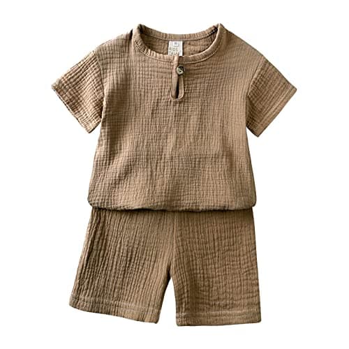 Baby Boy Summer Clothes Cotton Linen Short Sleeve Solid Button down Shirt Shorts Set Toddler Girl (Brown, 2-3 Years)