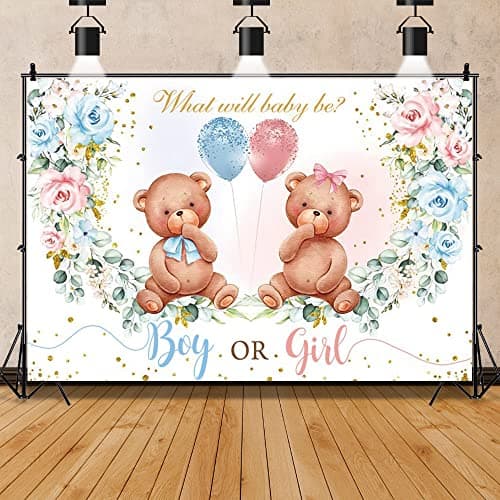 Bear Gender Reveal Baby Shower Party Backdrop Boy or Girl Pink Blue Floral Eucalyptus Photography Background Party Decor Blue and Pink Balloons Gold Photobooth Cake Smash 7x5ft — view 3