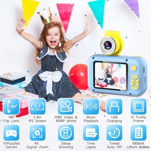 ARNSSIEN Kids Camera, Toddlers Digital Toy Camera with 180° Flip Lens, 2.4 Inch IPS Screen, Birthday Festival Present for 3 4 5 6 7 8 9 10 11 12 Year Old Girls & Boys, X101(Blue)