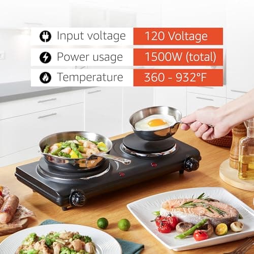 Elite Gourmet EDB-302BF# Countertop Double Cast Iron Burner, 1500 Watts Electric Hot Plate, Temperature Controls, Power Indicator Lights, Easy to Clean, Black — view 6