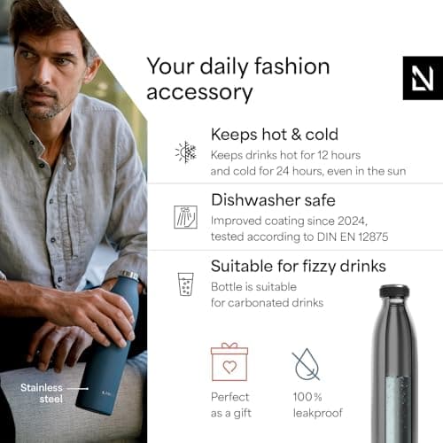 LARS NYSØM Stainless Steel Insulated Water Bottle 350ml, 500ml, 750ml, 1L, 1 5 Liter | Insulated Thermo Flask for Hot and Cold Beverages | Leakproof Drinking Bottle (Stainless Steel, 750ml)