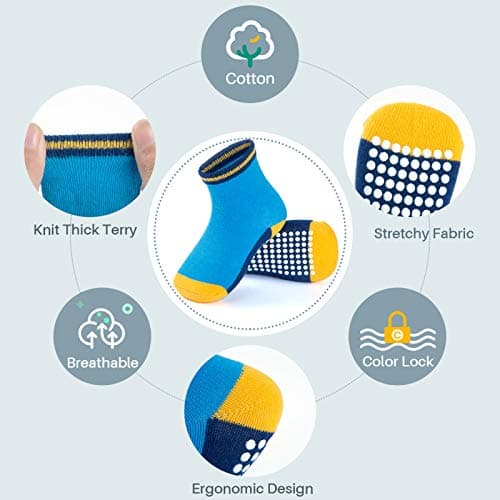 JAKIDAR 12 Pack Baby Toddler Socks Non Slip Grip Cotton Crew Socks for Boys Girls Infants Kids, Multicolor Block, 12-24 Months — view 3