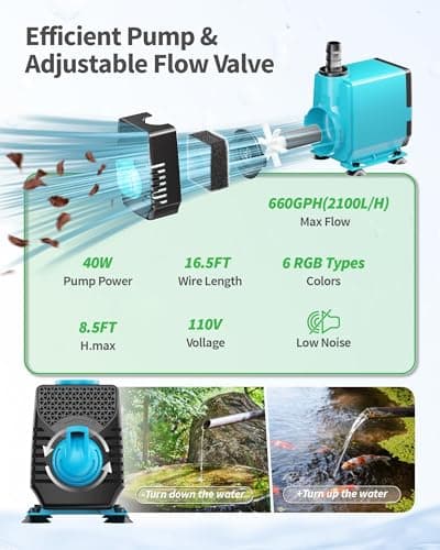 POPOSOAP Pond Fountain Pump Kit with RGB Lights & Remote Control, 660GPH Quiet Submersible Water Pump, 3 Nozzles for Garden Ponds, Fish Tank, Backyard Water Features Decor P1104D — view 4