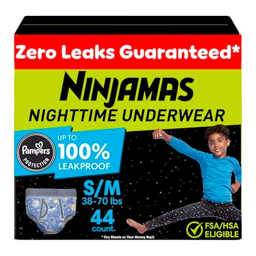 Ninjamas Boys Bedwetting Underwear, Overnight Protection, Ultra Absorbent, Hypoallergenic, Size S/M (17-32 kg), 44 Count,