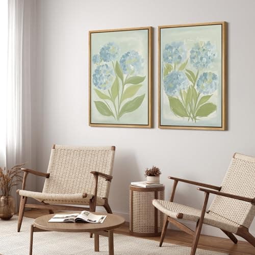 SIGNFORD Framed Canvas Print Wall Art Set Soft Hydrangea Pair Light Blue Florals with Green Leaves Illustration Modern Art Decorative Nature for Living Room, Bedroom, Office - 24"x36"x2 Natural — view 2