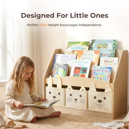 OOOK 3-Tier Kids Bookshelf with 3 Removable Fabric Storage Bins, Front Facing Toddler Montessori Bookshelf, Wooden Bookcase for Kidsroom, Classroom, Playroom, Nursery — view 5
