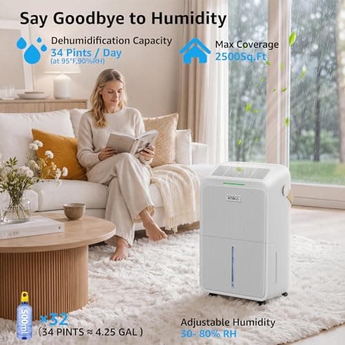 Dehumidifier for Basement with Drain Hose Max 34 Pints, KNKA 2500 Sq.Ft Dehumidifiers for Home, Large Room, Bathroom, Three Operation Modes, Intelligent Humidity Control, Dry Clothes, 24HR Timer
