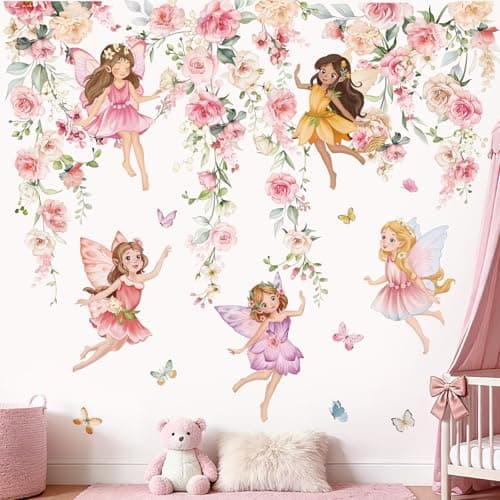 wondever Watercolor Flower Fairy Wall Stickers Pink Floral Girls Butterfly Peel and Stick Wall Art Decals for Baby Nursery Kids Room Girls Bedroom