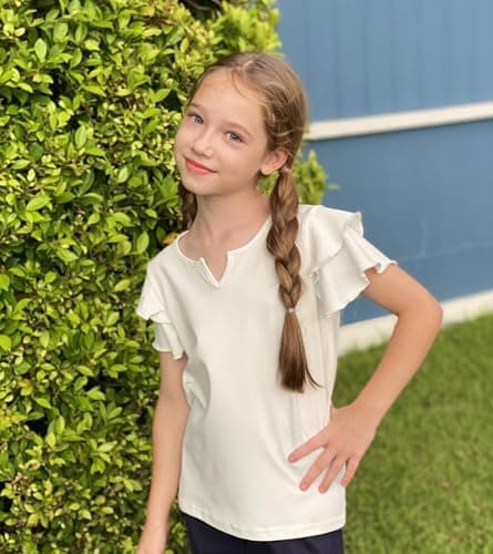 Arshiner Girls Short Sleeve Little V Neck Shirts Ruffle T-Shirts Plain Tee Summer Casual Tops for Gilrs Fashion White 7-8 Years