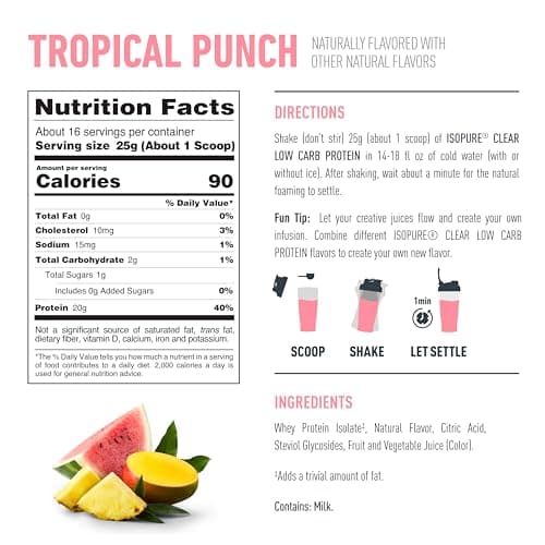 Isopure Clear Whey Isolate Protein Powder, Lactose Free, Gluten Free, Naturally Flavored, Tropical Punch, 20g Protein Per Serving, 14.1 Oz, 16 Servings (Packaging May Vary) — view 7