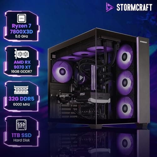 STORMCRAFT Falcon AI Gaming Desktop Computer AMD Ryzen 7 7800X3D, RX 9070 XT 16G, 32GB DDR5 6000MHz, 1TB NVMe SSD, 850W PSU 360mm AIO, ARGB Fans, USB-C, Bluetooth, Wi-Fi VR Ready PC Game Design Office — view 2