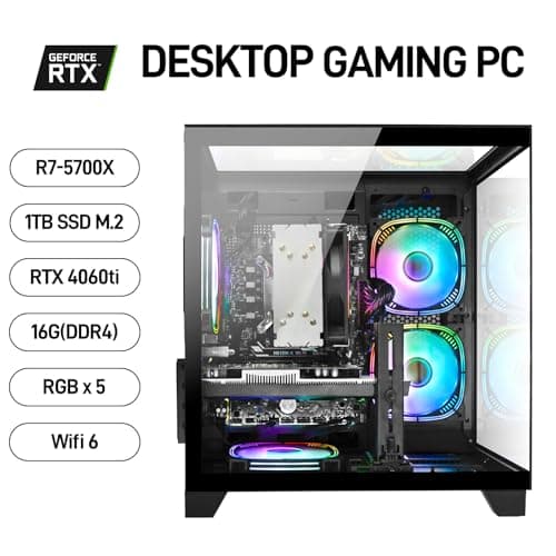 WIWB Gaming PC Desktop Ryzen 7 5700X, RTX 4060 Ti, 16GB DDR4 RAM, 1TB SSD, DDR4 RAM, Prebuilt Tower Computer for Gaming, Home (Black) — view 2