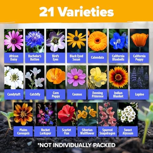 HOME GROWN USA Native Wildflower Seeds Bulk Mix | 49,100+ Non-GMO Annual Flower Seed for Planting | 21 Varieties for Bee & Butterfly Garden Pack | 2 oz