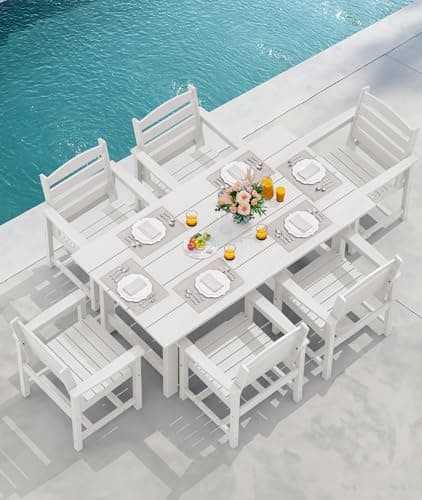 SERWALL 8-Pc HDPE Dining Set, 1 Table, 1 Umbrella & 6 Chairs, White — view 7
