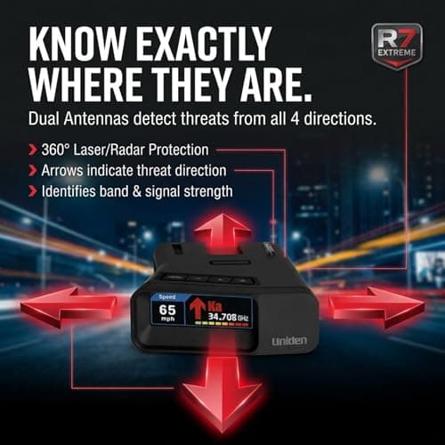 Uniden R7 Extreme Long-Range Laser-Radar Detector, Built-in GPS w/ Real-Time Alerts, Dual-Antennas Front & Rear w/Directional Arrows, Voice Alerts, Red Light Camera and Speed Camera Alerts — view 2