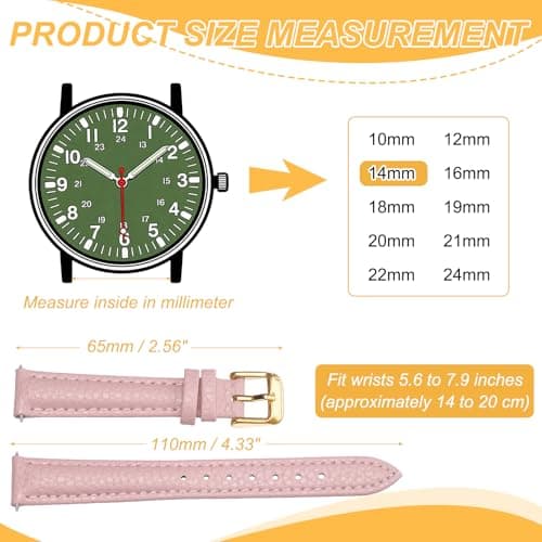HARFINGTON Leather Watch Band 14mm Vintage Textured Padded Leather Watch Strap Litchi Grain Pattern Replacement Wristband with Stainless Steel Pin Buckle for Men and Women, Pink