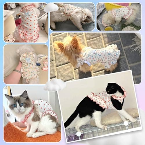 2 Pack Dog Cat Dresses for Small Dogs Girl Cute Heart & Floral Print Ruffle Sleeve Hem Breathable Stretchy Pet Puppy Cat Summer Clothes Outfits for Chihuahua Yorkie Teacup Extra Small Tiny Dogs — view 4