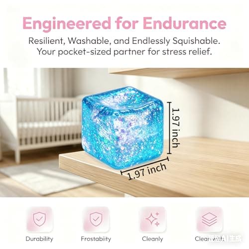 Glitter Ice Cube Squishy Fidget Toys, Squishy Cube Stress Balls for Adults & Kids, Slow Rising Stress Relief Toys, Squeeze Ball Filled with Thick Substance and Glitter (Blue)