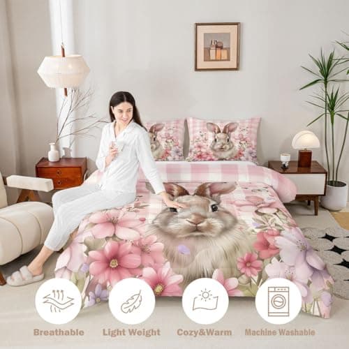 Feelyou Cute Rabbit Kids Comforter Set Twin Size Cartoon Bunny Bedding Set Flower Floral Duvet Quilt for Kids Boys Girls Bedroom Pink Plaid Decor Microfiber Ultra Soft Breathable — view 2