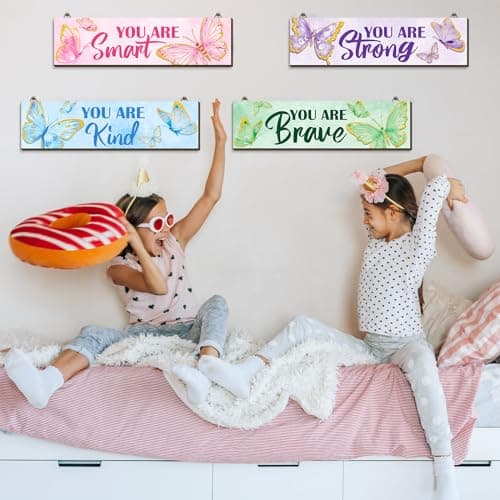 Geetery 4 Pcs Butterfly Inspirational Quote Wooden Sign Bedroom Wall Decor for Men Women Rainbow Room Art Decor Aesthetic Wooden Hanging Wall Sign for Daughter Son Nursery 11.81 x 3.15 Inch — view 3