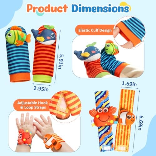 Baby Toys 0-6 6-12 Months, Baby Wrist Rattle Socks and Foot Finder Set, Infant Hand & Foot Development Sensory Rattle Toys, Baby Shower Gifts for Newborn Boys Girls