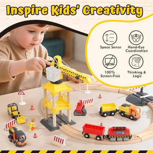 Lehoo Castle 68PCS Wooden Train Set - Toy Train Set for Toddlers 2-4, Wooden Train Track for Kids w/Crane, Railway Playset for 3 Year Old Boys Girls Birthday Gift — view 3